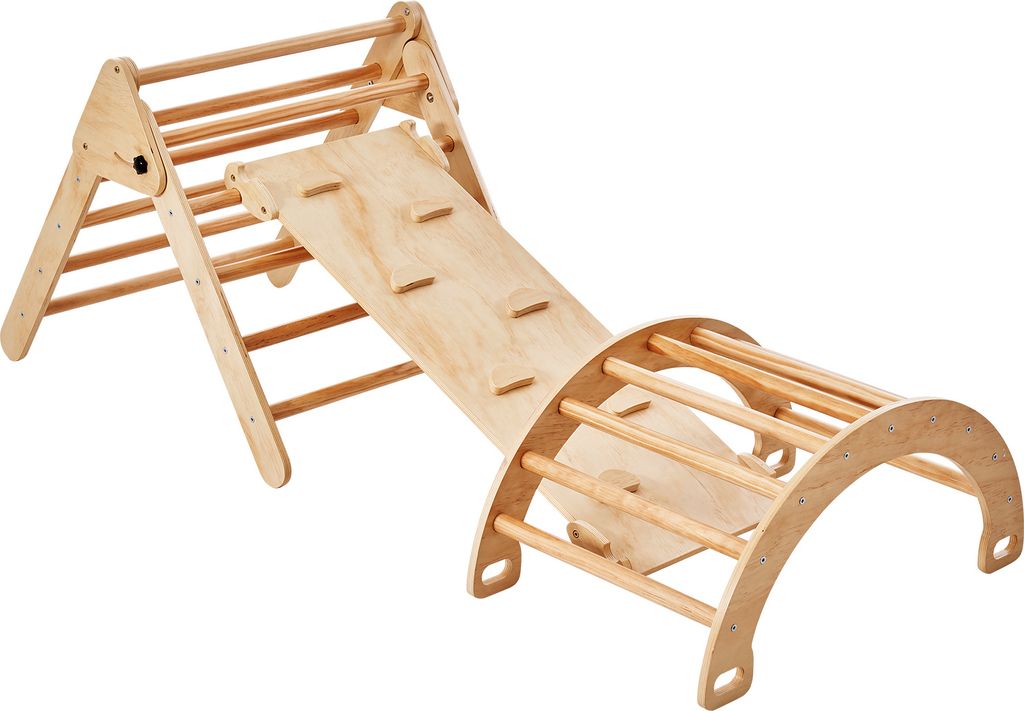 A wooden Pikler triangle climbing set with a slide and arch.