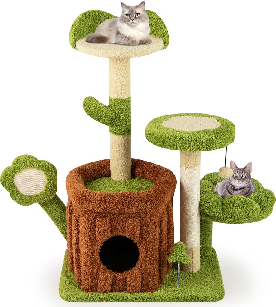 COSTWAY Kratzbaum, Katzenbaum mit Katzenhöhle, Plattformen, Schlafbett, Ball&Brett, Katzenkratzbaum Katzenmöbel, Kletterbaum, Grün + Braun 55x40...
