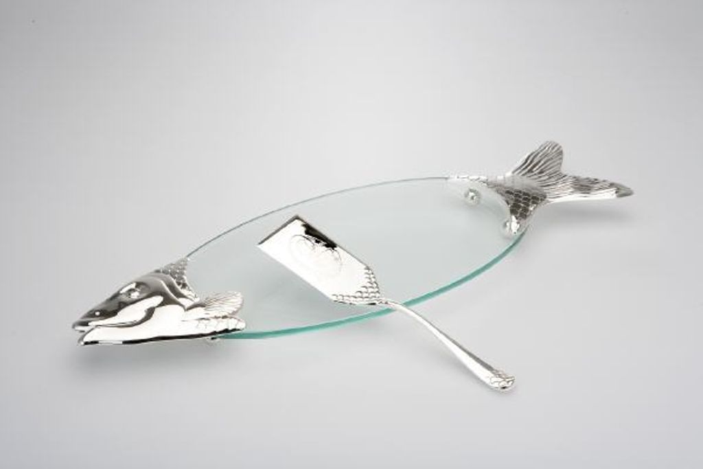 Lachsplatte Glas mit Heber 58,0 x 19,0 cm versilbert Produktbild 