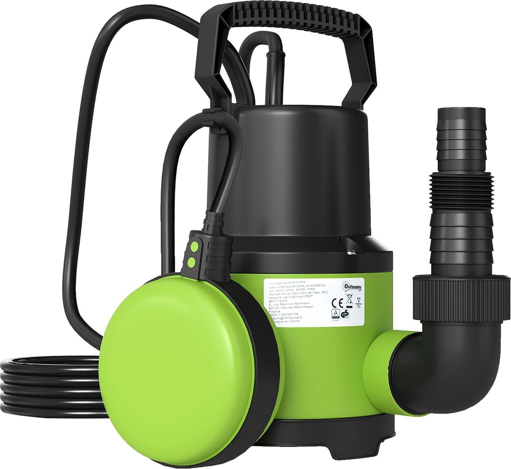 Outsunny Tauchpumpe Teichpumpe Wasserpumpe mit Schwimmschalter 400W 9000L/h Grün