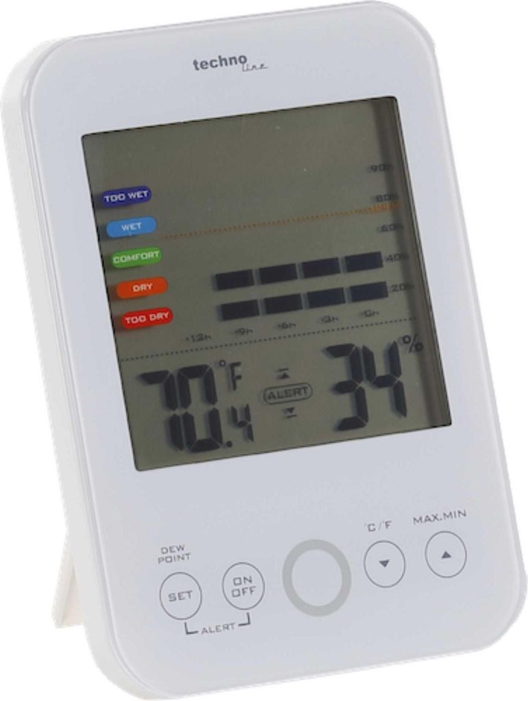 A white digital thermometer and hygrometer on a white stand, displaying temperature and humidity readings.