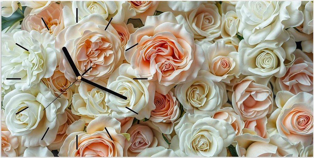 Wanduhr aus Glas mit Motiv Rosenbouquet- 60 x 30 cm - inkl. Aufhängesystem