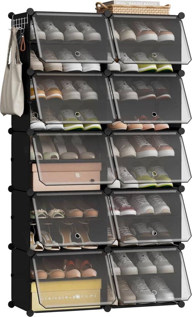 A multi-tiered shoe storage organizer filled with shoes, bags, and boxes.