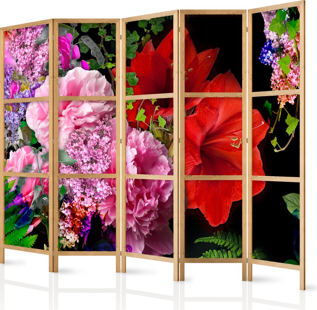 Paravent XXL Blumen 225x171 cm - 5-teilig - einseitig - eleganter Sichtschutz - Raumteiler - Trennwand - Raumtrenner - Holz - Design Motiv - Deko -...