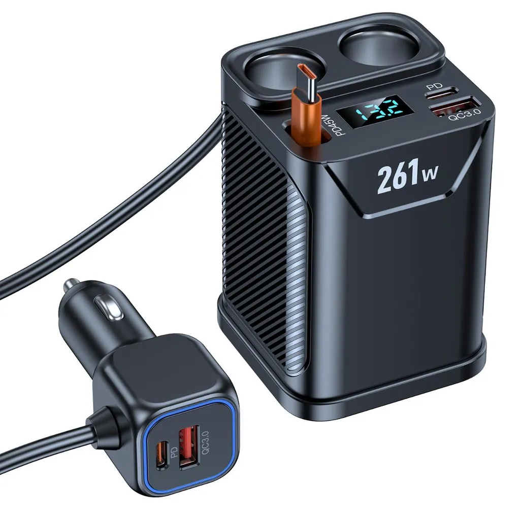 Chargeur Voiture Rétractable 65cm avec Affichage Tension LED PD 45W