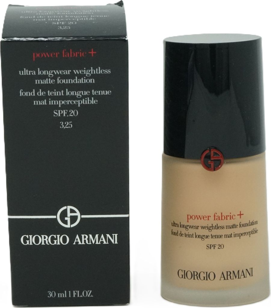 A product shot of Giorgio Armani Power Fabric+ foundation bottle and its box.