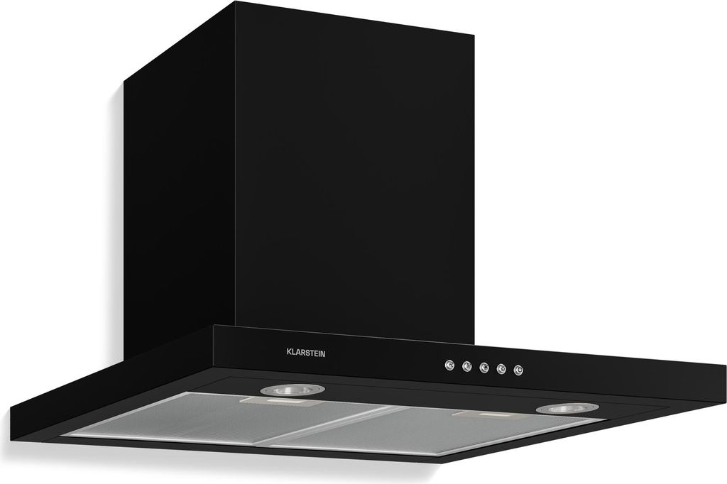 A black kitchen range hood is shown against a white background.