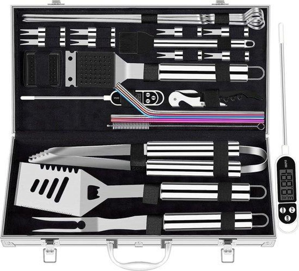 Aluminium-Grill-Set für Männer, 26-teiliges Grill-Set mit Zylinder aus Aluminium in Koffer für Geburtstagsgeschenk