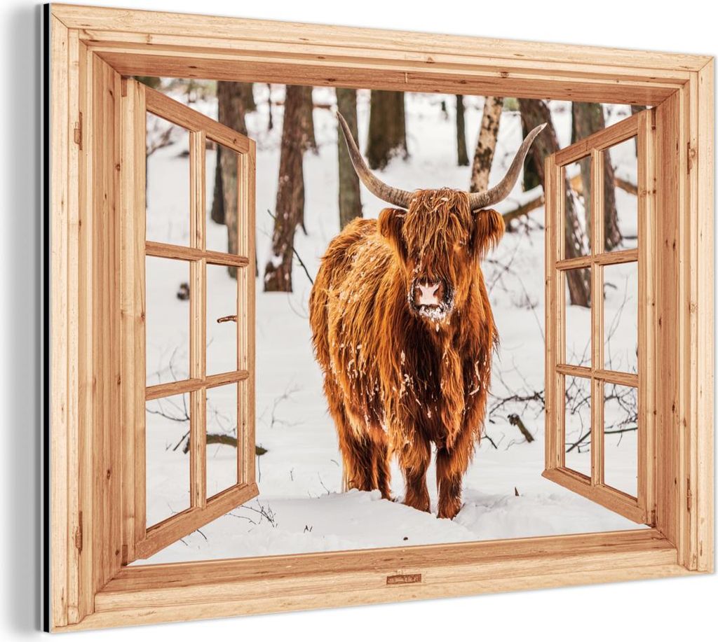 MuchoWow Wanddekoration Metall Metallbild Wandkunst 120x80 cm Schottische Hochlandrind - Winter - Landschaft - Natur - Tiere - Ansichten MuchoWow A...
