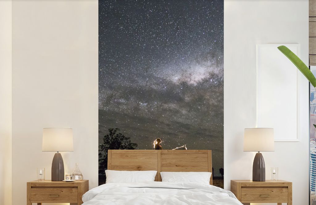 MuchoWow Fototapete für Wohnzimmer oder Schlafzimmer Wandtapete Vinyl Motivtapete Pferd - Frau - Sternenhimmel - 120x240 cm - Hintergrundbild