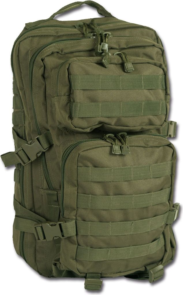 A studio shot of an olive green rucksack.