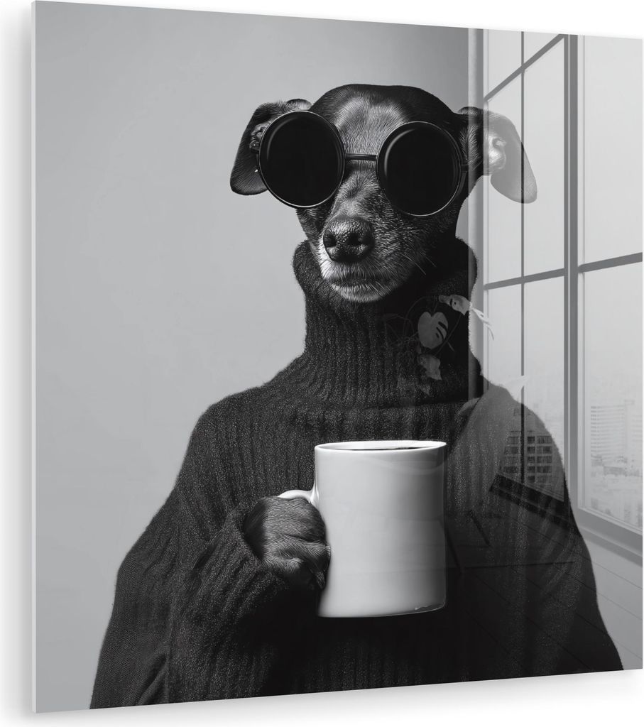 MuchoWow Glasbilder - Bilder auf Wandbild - Foto auf Glas Rollkragenpullover - Hund - Brille - Becher 50x50 cm Wanddekoration aus Glas - Acrylglasb...
