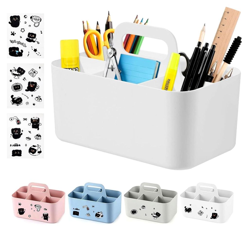Korb Organizer mit Griff, Aufbewahrung mit 3 Katzen Aufkleber, Kunststoffkorb mit 5 Fächern, Abnehmbarer Reinigungskorb für Kunst, Make-up, Büro...