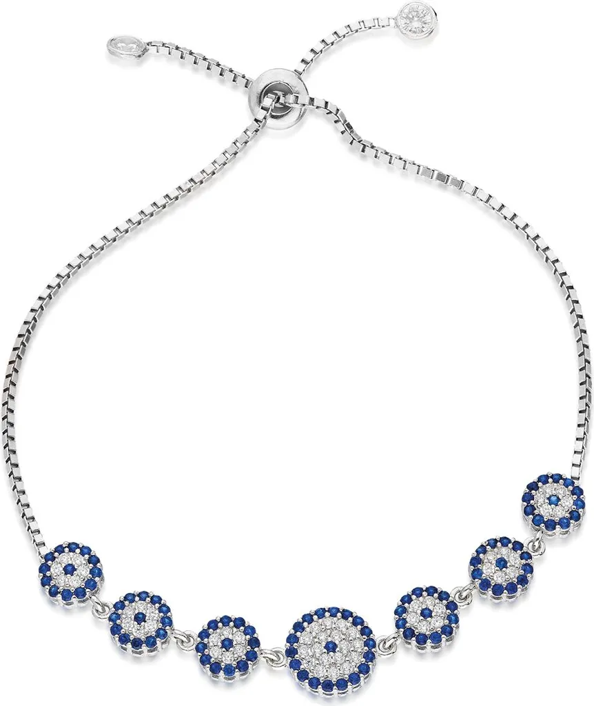Bracelet Femme Argent 925 Rhodié Réglable avec Nazar Eye et Zircones