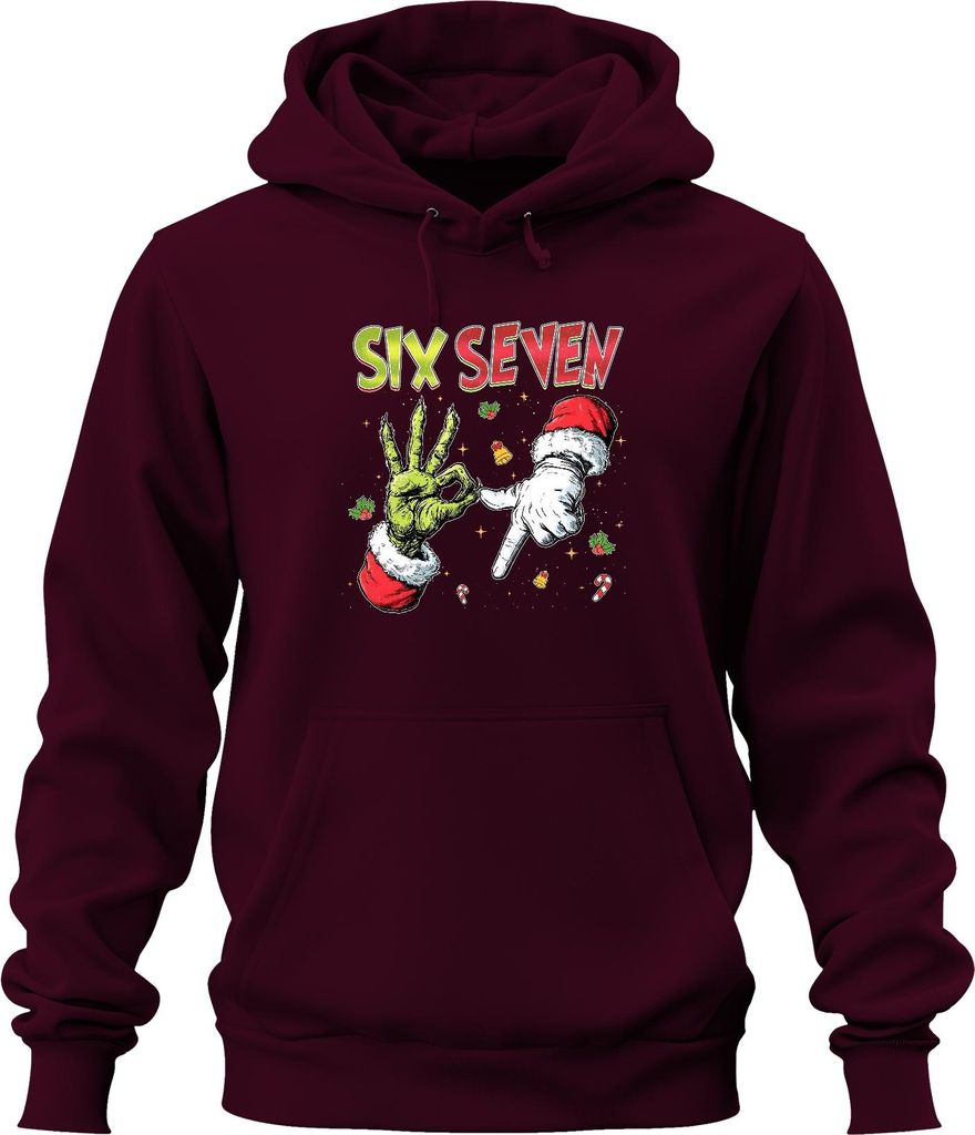 SIX SEVEN Grinch Italian Brainrot 6 7 Handzeichen Weihnachten Meme Uni Hoodie Kapuzenpullover, Burgundy, S