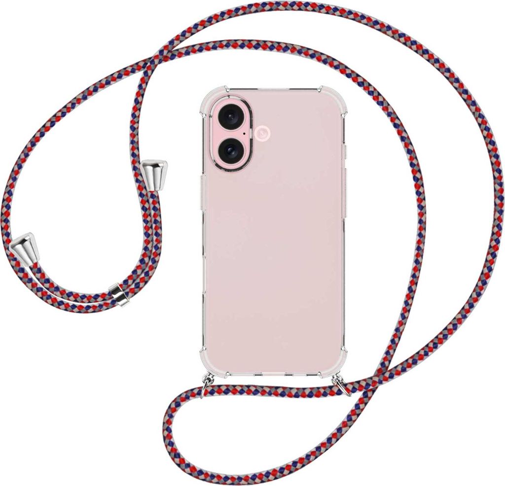 Handykette Backcover-Schutzhülle mit Band (Metall silberfarben) für iPhone 16 - silber/blau/rot