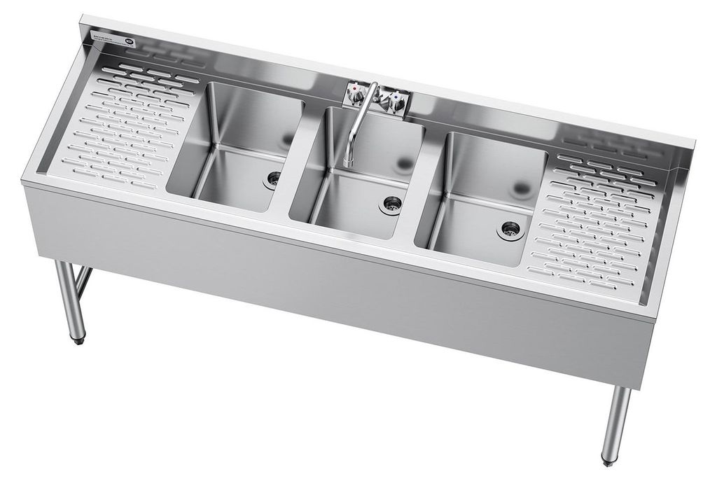 3-Kammer-Spülbecken, Edelstahl 304 (18 Gauge), Beckenmaße 254 x 356 x 254 mm, gewerbliches Unterbau-Spülbecken mit 3 Kammern, doppeltem Abtropfb...