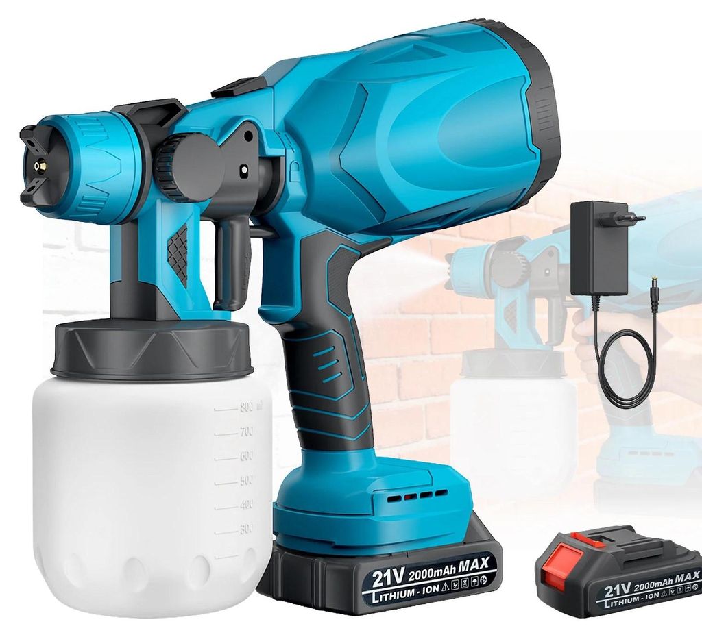 Kabellose Farbsprühpistole - Elektrische HVLP Lackierpistole - 800 ml Behälter - 3 Sprühbilder - 18 V - Mit 1 Akku - Für Möbel Zaun Wand