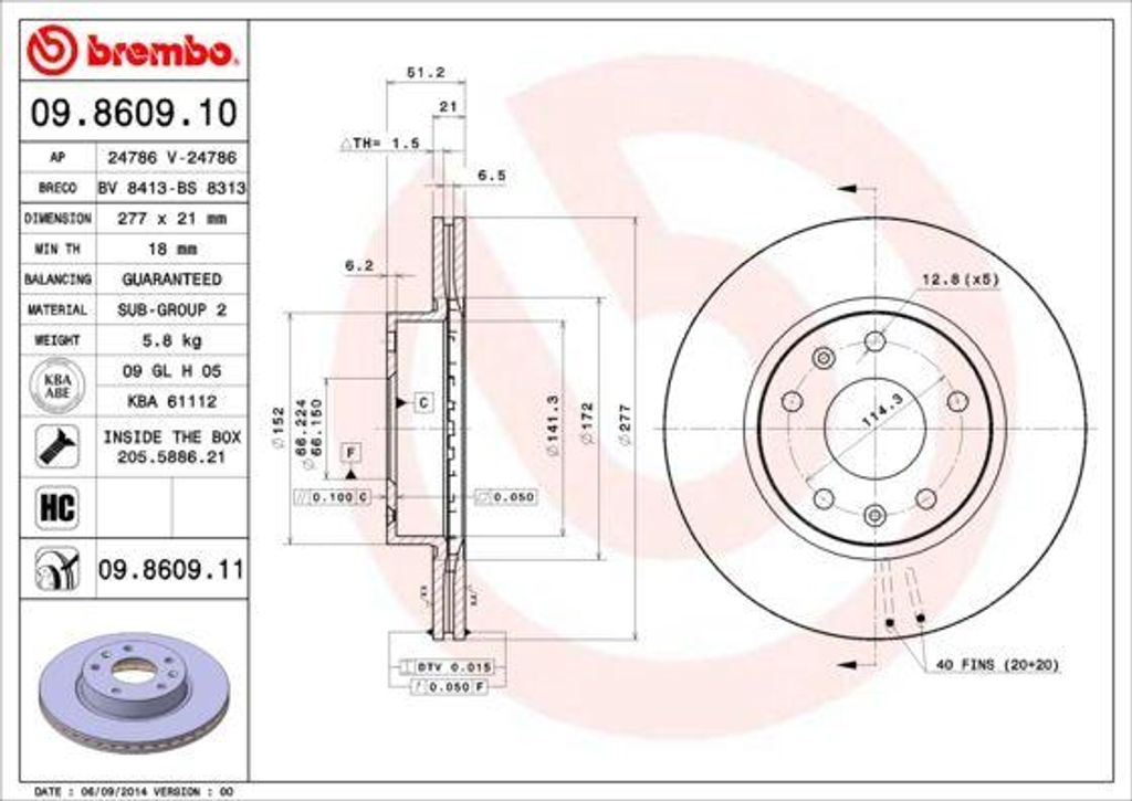 BREMBO 09.8609.11 Bremsscheibe OE SDB000080 kompatibel mit Freelander