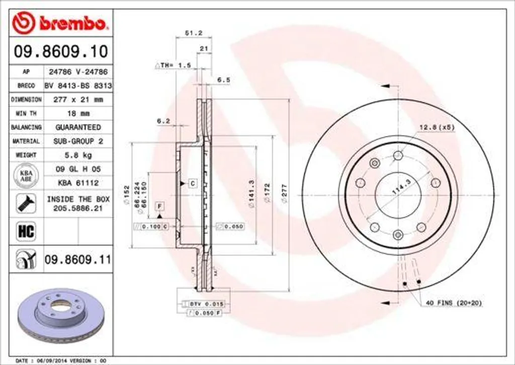 Brembo 09.8609.11 Disque de Frein OE SDB000080 pour Freelander L314