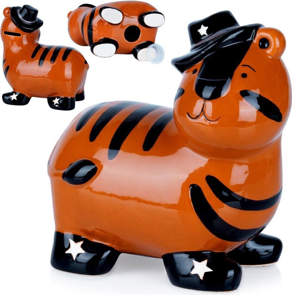 Tiger-Sparschwein eröffnet, um Geld für Münzen zu sammeln