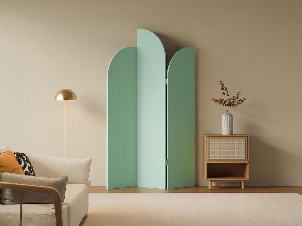 Asymmetrischer 3-Panel-Raumteiler – Stoff & Holz – L120 x H180 cm – Hellgrün – SYVANA