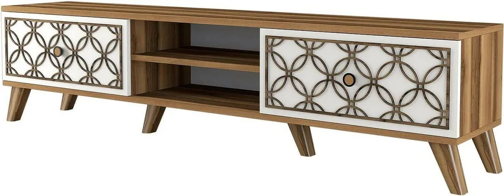 Meuble TV Longueur 180 cm Teia en Bois Noyer avec Doubles Étagères Fixes