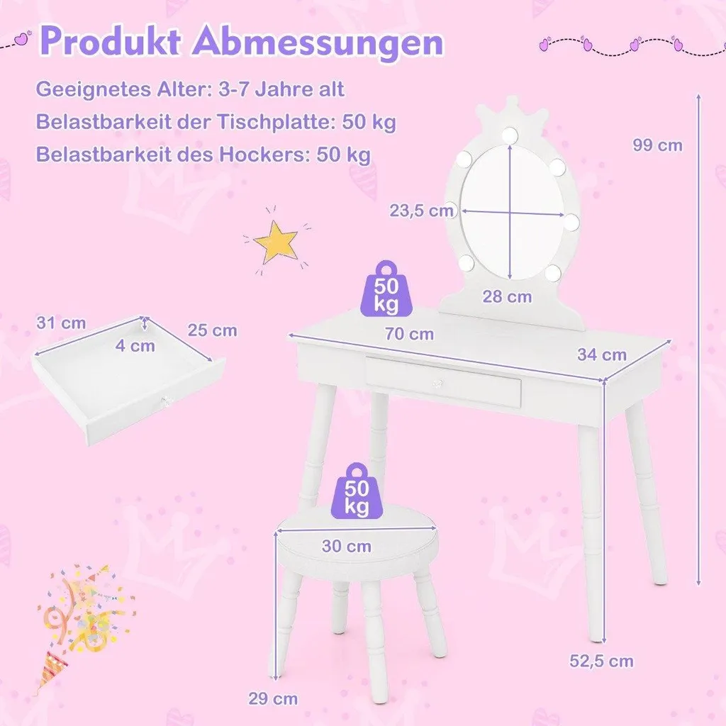 Coiffeuse Enfant Blanche - Solution Gain de Place avec Miroir Amovible