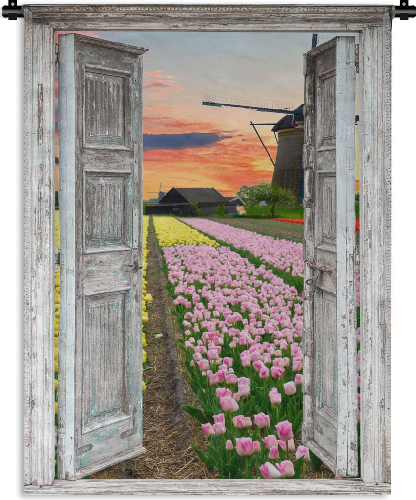 MuchoWow Wandteppich Wandbehang Ausblick - Tulpen - Mühle - Abend 60x80 cm Tapisserie Dekoration Wandtuch - Decke - Wandtücher - Wohne