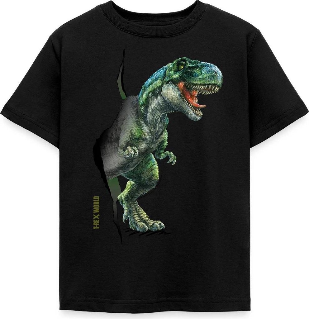 Spreadshirt T-Rex World Durch Die Wand Kinder T-Shirt, 110/116 (5-6 Jahre), Schwarz