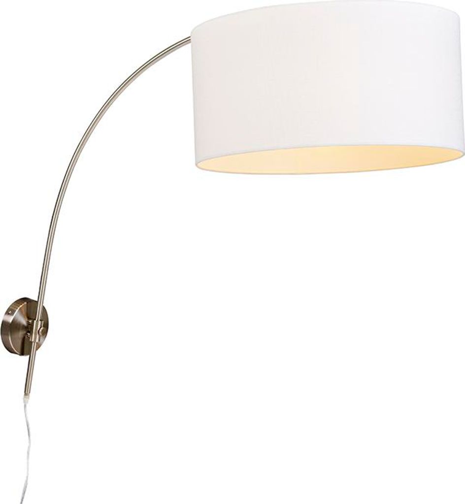 QAZQA - Retro Moderne Wandbogenlampe Stahl I Silber I nickel matt mit weißem Schirm 50I50I25 verstellbar I Wohnzimmer I Schlafzimmer - Stahl Rund ...