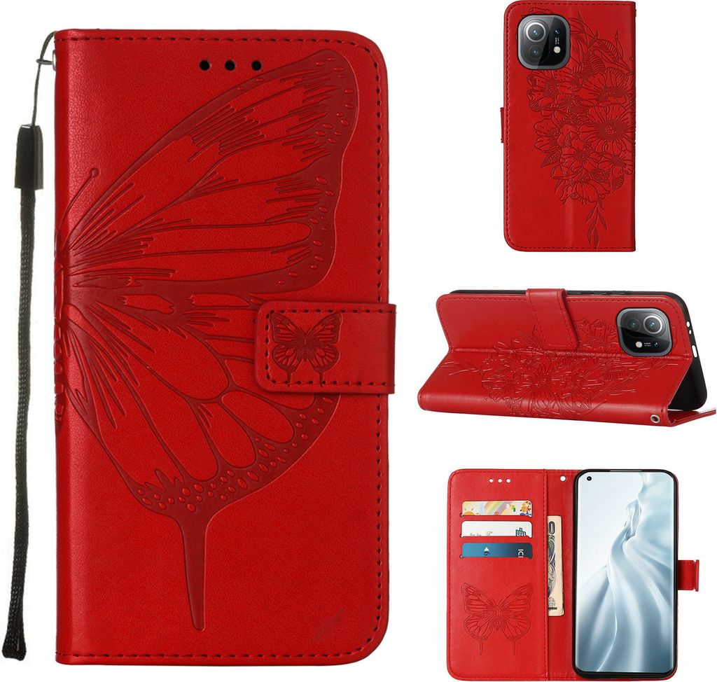Xiaomi Mi 11 Hülle, Schmetterling Prägung Flip Leder Kartenfächer Schutzhülle Ledertasche mit Ständer für Xiaomi Mi 11 Rot