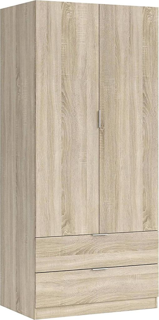 Garderobe Burbank, Schlafzimmerschrank mit 2 Türen und 2 Schubladen, Schlafzimmermöbel mit Kleiderstange, 81x52h180 cm, Eiche