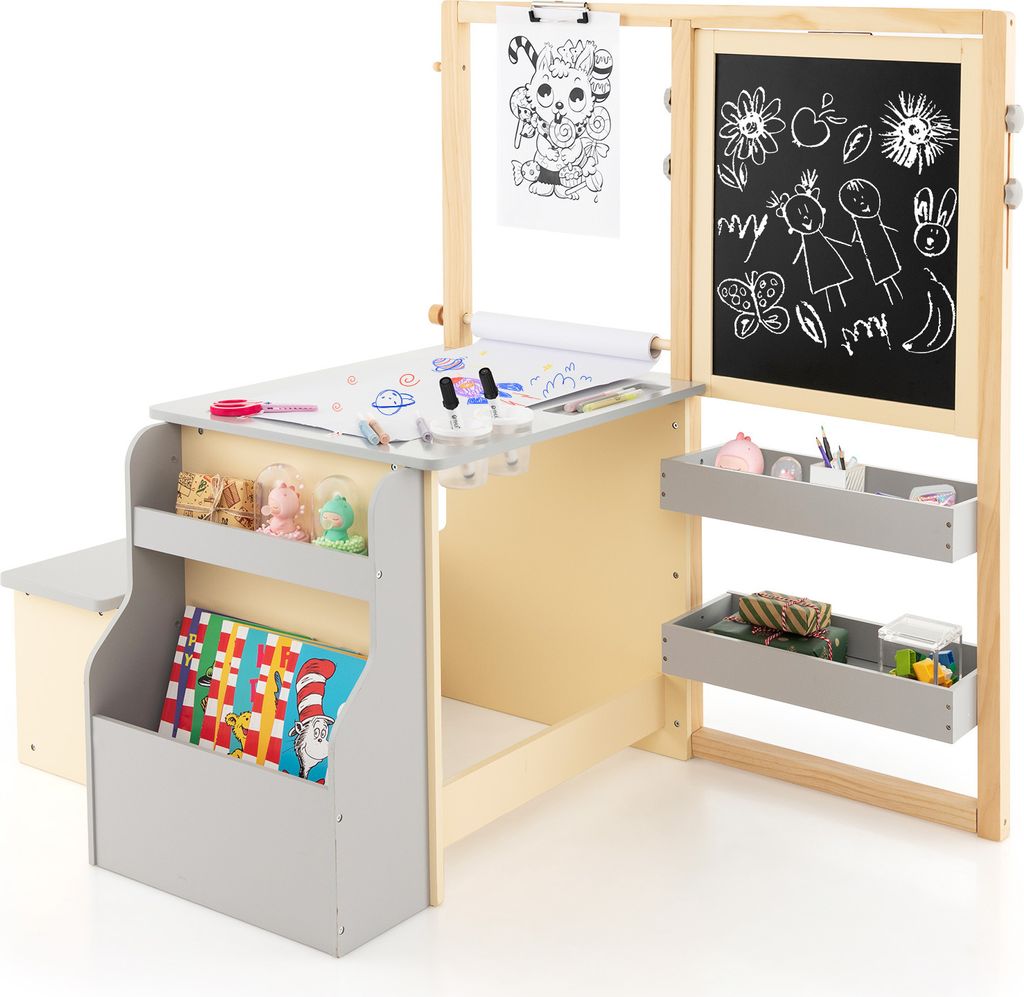 GOPLUS Kinderkunsttisch mit Sitzbank, Multifunktionaler Kindersitzgruppe mit höhenverstellbarer Staffelei & mehrer Stauraum, Kindermöbel Set für...