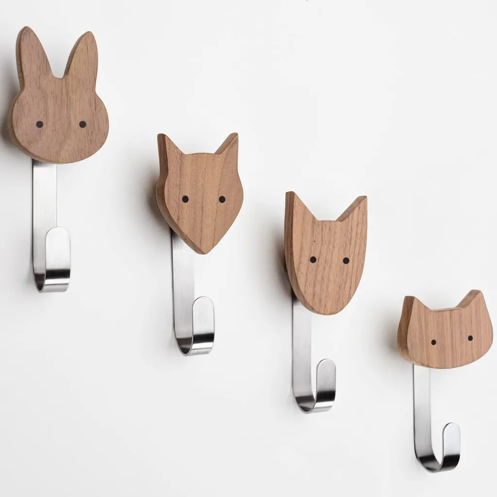 Patères en bois de noyer pour chambre d'enfant - Lot de 4 motifs animaux
