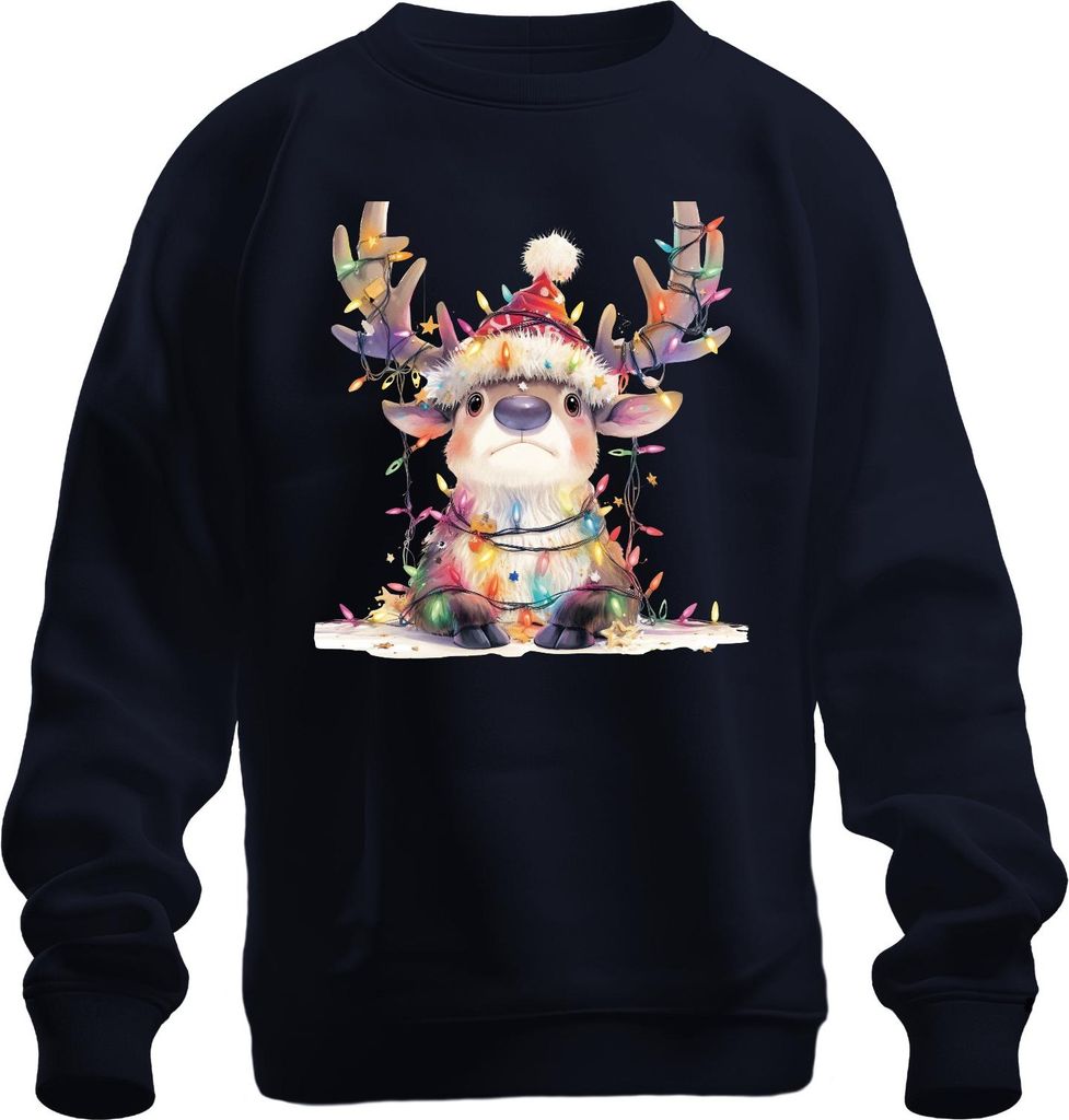 Süßes Rentier Lichterkette Weihnachten Geschenk Kinder Cartoon Uni Sweatshirt Pullover, Navy, XXL