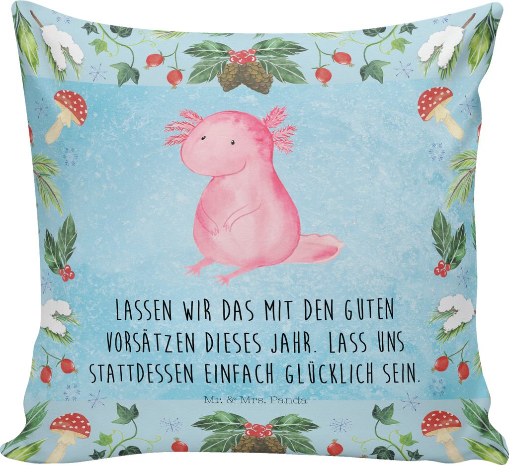 Mr. & Mrs. Panda Deko Kissen Axolotl Glücklich - Eisblau - Geschenk, Dekokissen, Zierkissen, für sofa, 40x40, Weihnachten, bedruckt