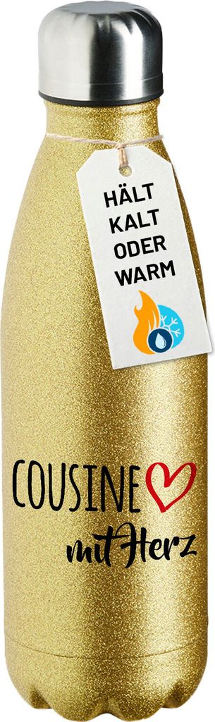 Huuraa Trinkflasche Cousine mit Herz 500ml Gold Edelstahl Wasserflasche Trinkflasche Geschenkidee