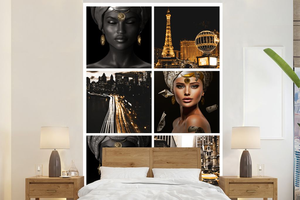 MuchoWow Fototapete für Wohnzimmer oder Schlafzimmer Wandtapete Vinyl Motivtapete Frauen - New York - Gold - Schwarz - 145x220 cm - Wanddekoration