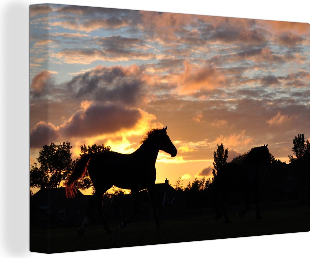 OneMillionCanvasses - Leinwandbilder - 140x90 cm, Groningen - Pferd - Silhouette - Sonnenuntergang, Wandbilder Kunstdruck Wanddekoration