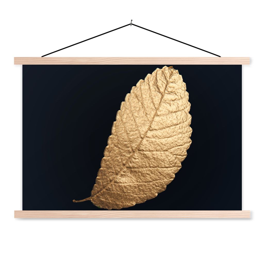 MuchoWow Textilposter Gold - Blätter - Schwarz - Pflanzen - Luxus - Natur 60x40 cm mit holzfarbenen Rahmen - Bilder