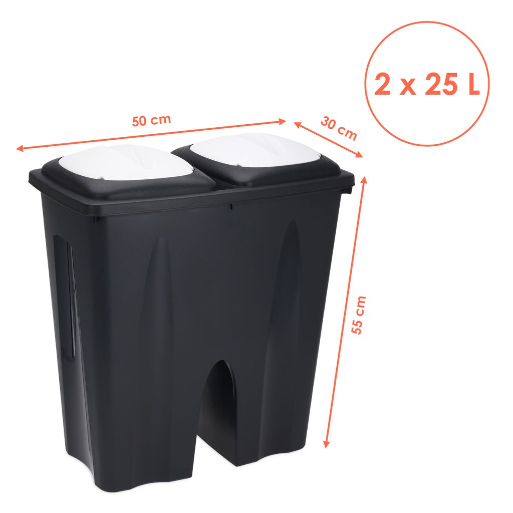 Duo Mülleimer 50 Liter schwarz mit Push Deckel in weiß