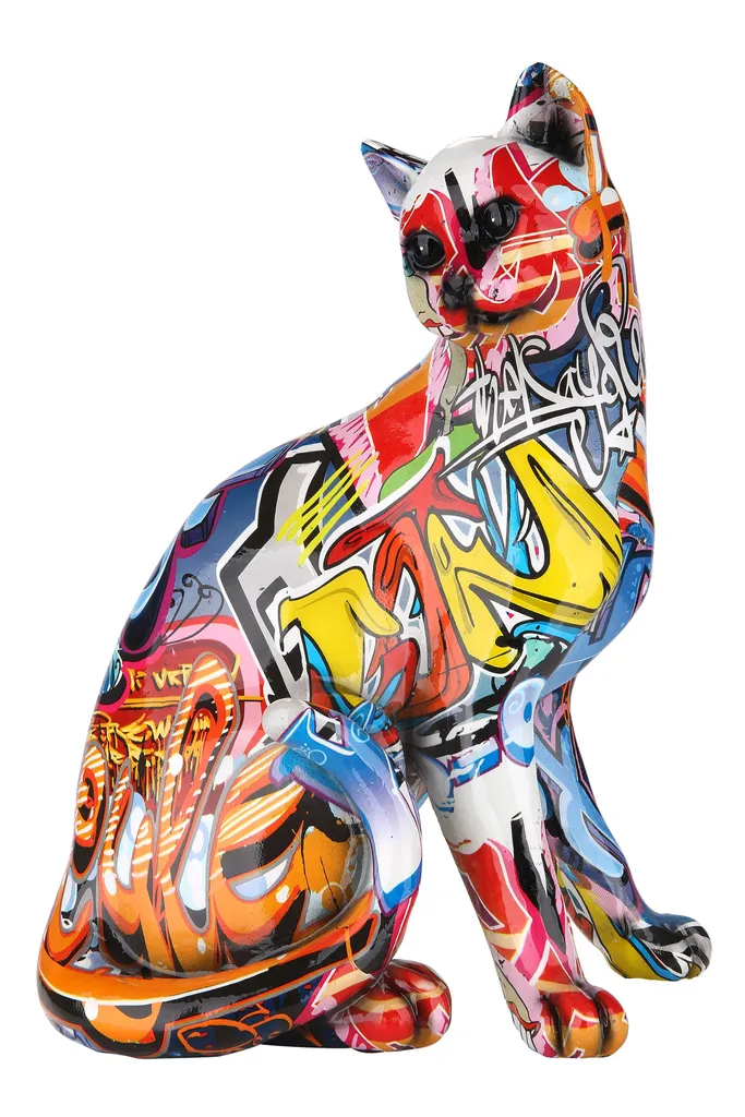 Sculpture Chat Graffiti en Résine Colorée Décoration Design Moderne 29cm
