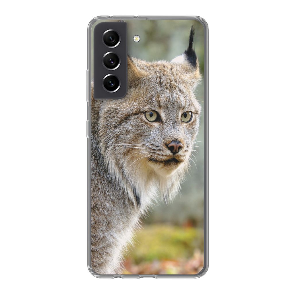 MuchoWow Handyhülle Schutzhülle Hülle für Samsung Galaxy S21 FE Luchs - Wald - Grau Silikon Softcase Handy Hülle - Mobiltelefonhülle