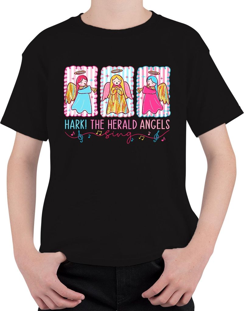 Hark The Herald Angels Sing Weihnachten Engel Pastell Geschenk Uni Kinder T-Shirt, Schwarz, 104