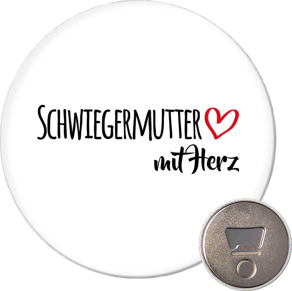 Huuraa Magnet Schwiegermutter mit Herz 59mm Kühlschrankmagnet rund Flaschenöffner Geschenkidee