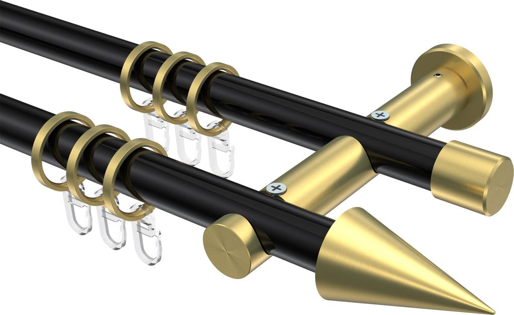 Interdeco Gardinenstange / Vorhangstange Schwarz / Messing-Optik, Typ Platon Savio (Kegel), 20 mm Ø 2-läufig, 200 cm