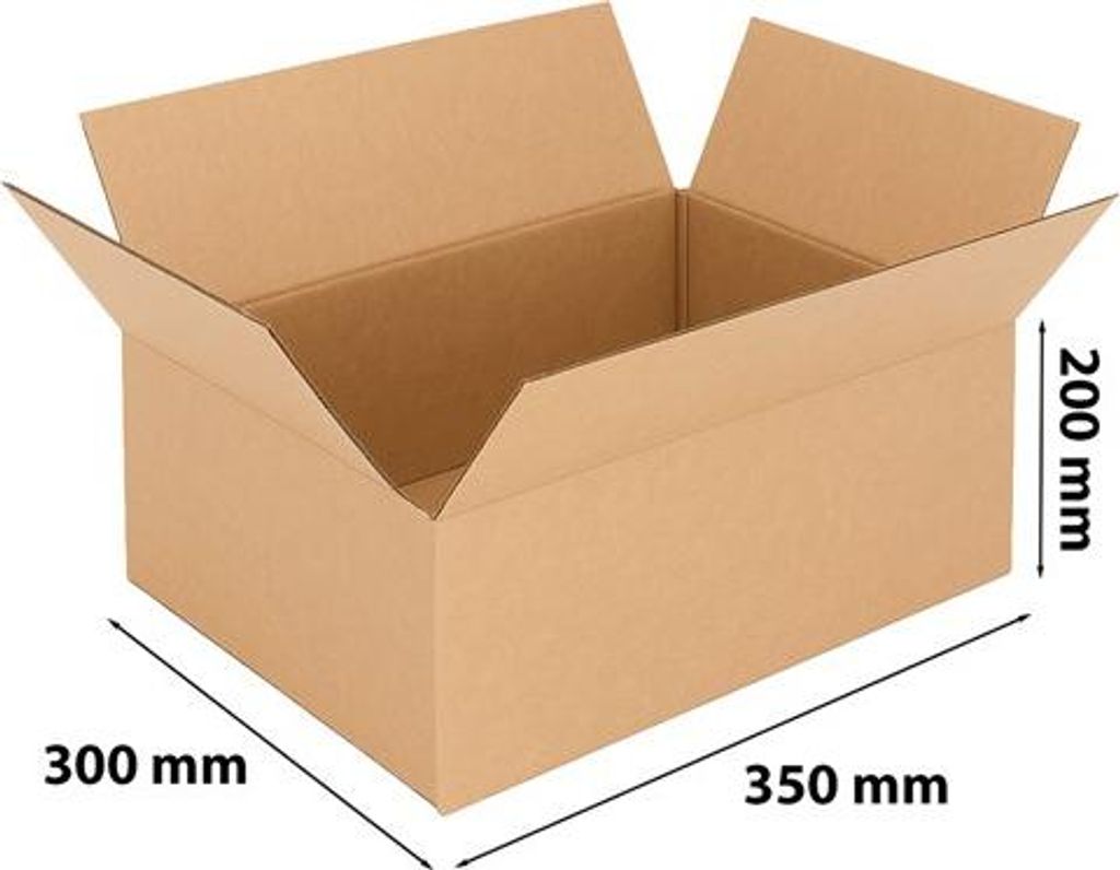 An open cardboard box with dimensions indicated.