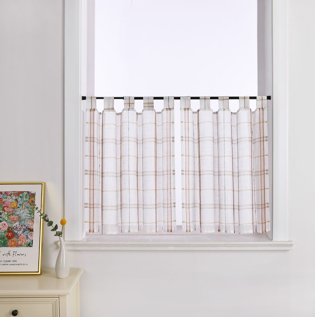 Joyswahl 2er Scheibengardinen mit Schlaufen Leinen Küche Gardinen Gitter-Kurzstores Bistrogardine landhausstil Transparent BxH 90x90 cm Rot 2 Stück