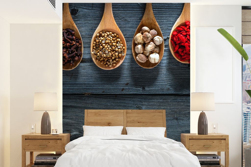 MuchoWow Fototapete für Wohnzimmer oder Schlafzimmer Wandtapete Vinyl Motivtapete Gewürze - Löffel - Holz - Küche - Gewürze - Industrie - 16...
